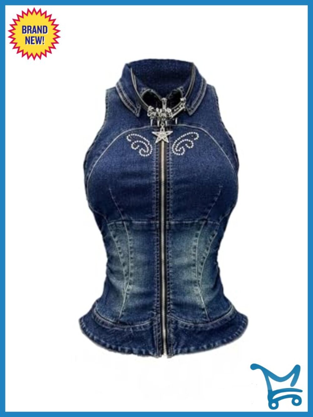 WDIRARA Women's Zip Up Denim Vest Collared Sleeveless Rhinestone Y2K Tank Top